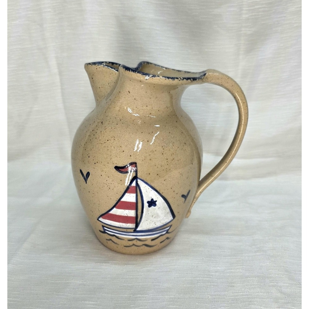 Vtg Three Rivers Pottery Stoneware Pitcher‎ Sailboat Nautical Myra USA Salt Bird